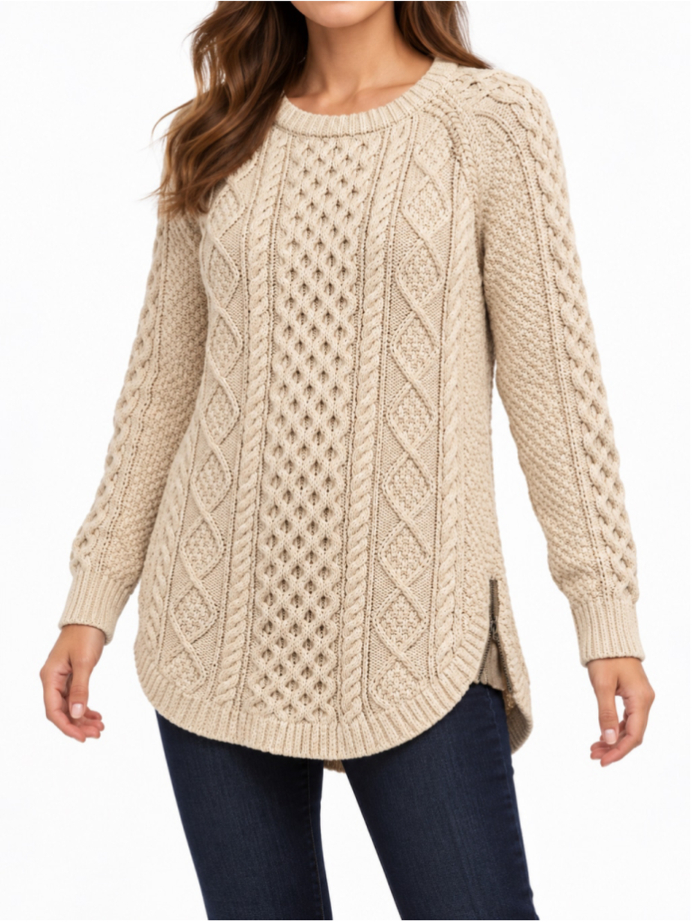 L.L.Bean Signature Womens M Beige Cotton Cable Knit Fisherman Tunic Sweater NWT